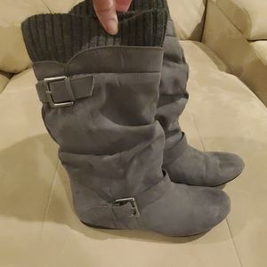 gray faux suede mid-calf slouch boots,  sweater cuff and buckle accents Size 6